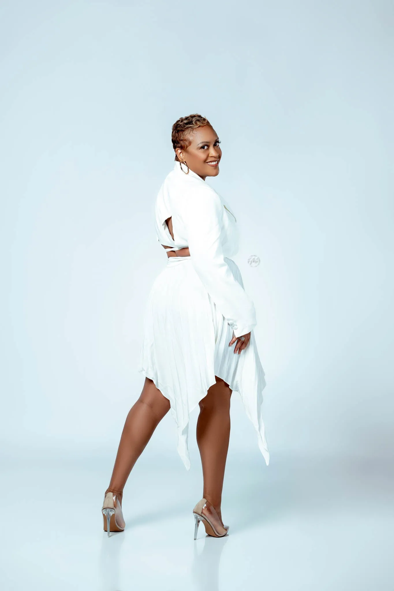 White Blazer & Asymmetrical Pleated Skirt Set