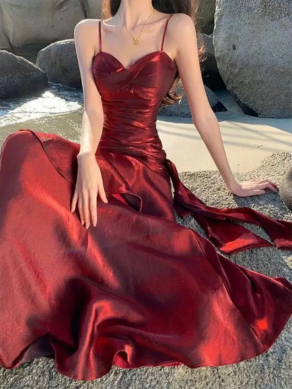 Wine Red Satin Mermaid Chic Sweetheart Prom Dress, Wine Red Satin Long Eveming Dress