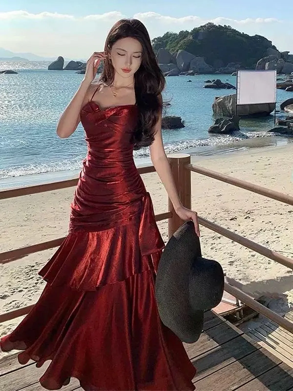Wine Red Satin Mermaid Chic Sweetheart Prom Dress, Wine Red Satin Long Eveming Dress
