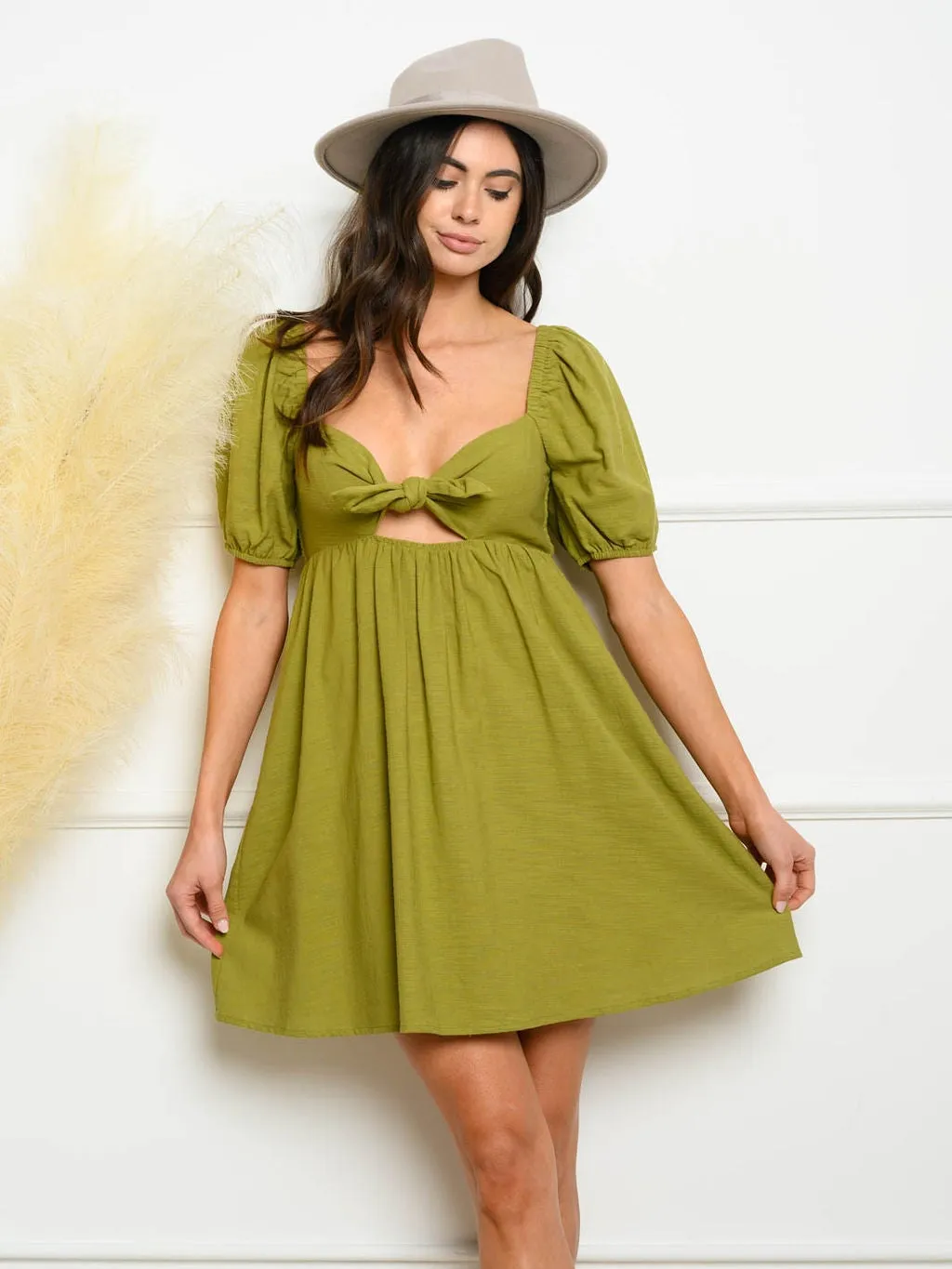 WOMEN'S LINEN FRONT TIE MINI DRESS